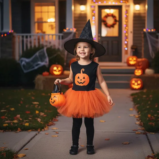 Disfraz Bruja Calabaza Nena Halloween + Gorro + Calabaza