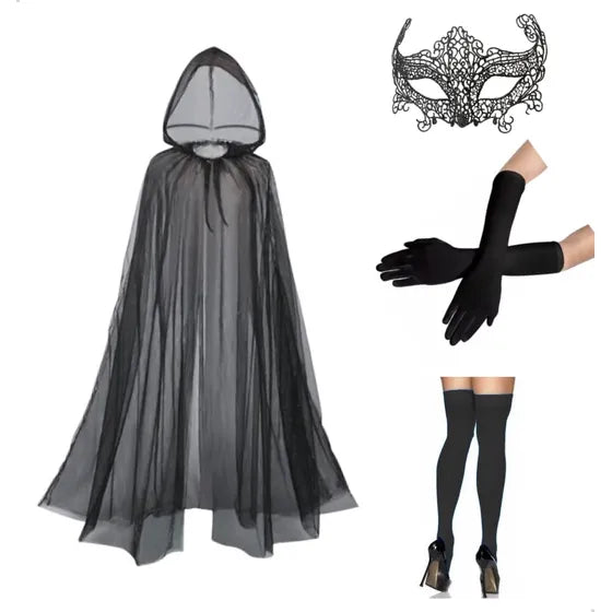 Disfraz Mujer Halloween Accesorios Capa Guante Antifaz Media